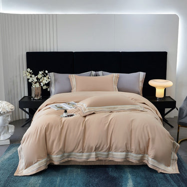 Luxury Pink Grey Brushed Embroidery Long Striped Duvet Cover, 1400TC Egyptian Cotton Bedding Set